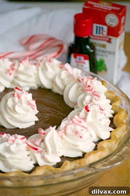 Silken Chocolate Peppermint Cloud Pie 3 A close-up of a slice of Chocolate Peppermint Cream Pie, showcasing its rich layers and festive appeal.