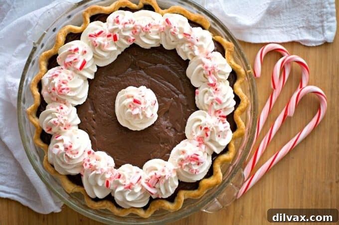 Silken Chocolate Peppermint Cloud Pie 5 A beautifully decorated Chocolate Peppermint Cream Pie, ready to be served during the festive season.