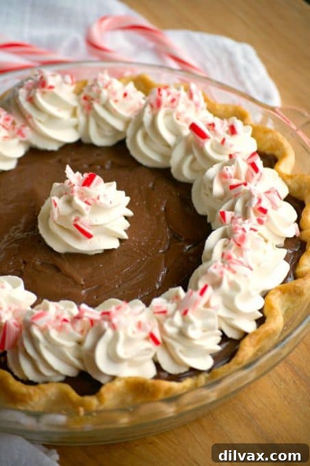 Silken Chocolate Peppermint Cloud Pie 9 A large Chocolate Peppermint Cream Pie on a serving dish, ready to be enjoyed.