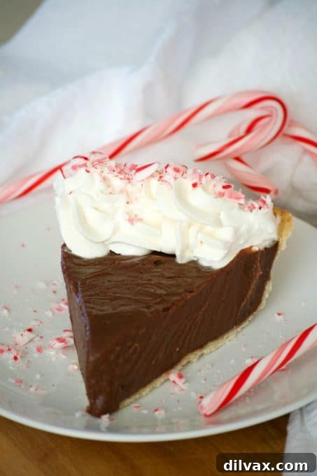 Silken Chocolate Peppermint Cloud Pie 10 A festive close-up of the Chocolate Peppermint Cream Pie, with crushed candy canes for garnish.