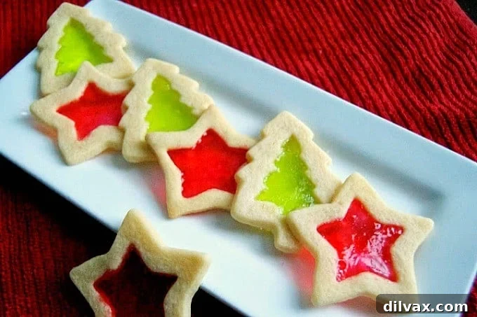 Sugar cookie cut-outs filled with Jolly Rancher candies to create a stained-glass window effect.