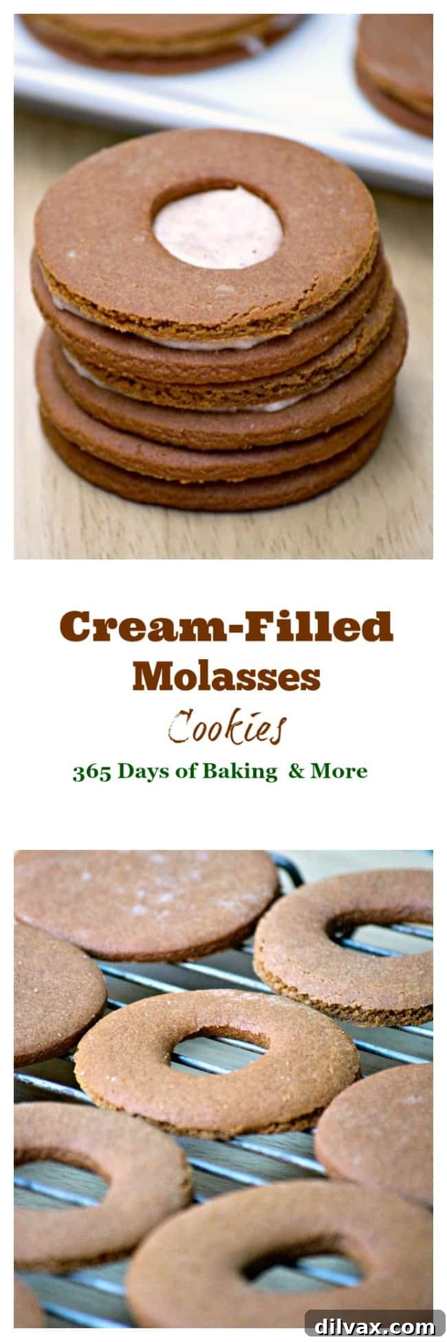 Close-up of cream-filled molasses cookies, showcasing the delightful cinnamon cream filling.