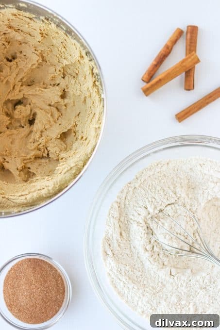Gingerbread Snickerdoodle Twist 7 Close-up of mixing wet and dry ingredients for Snickerdoodle cookies in a stand mixer.