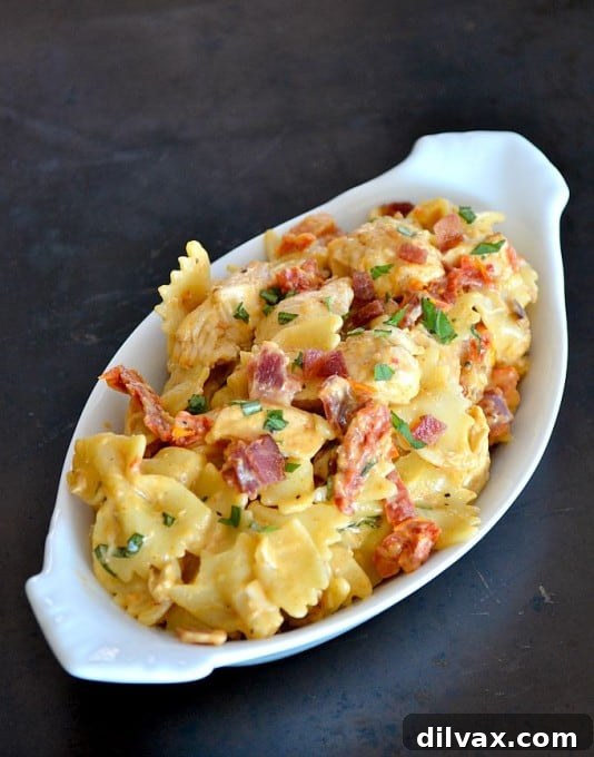 Readers Choice Top Ten 2016 11 Farfalle pasta tossed with seasoned cooked chicken tenders, savory sundried tomatoes, crispy bacon, and a creamy mozzarella sauce. A comforting and satisfying family dinner.