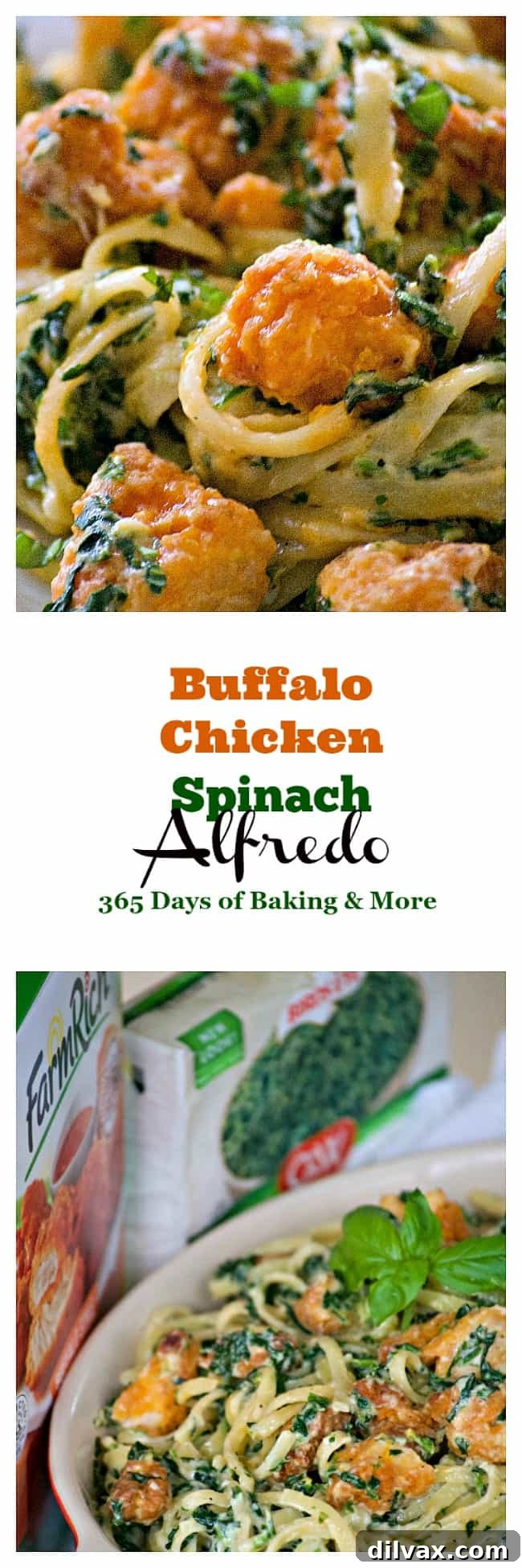 A large serving bowl filled with Buffalo Chicken Spinach Alfredo, ready to be enjoyed. The rich, creamy pasta with visible buffalo chicken pieces and green spinach makes for an inviting meal.