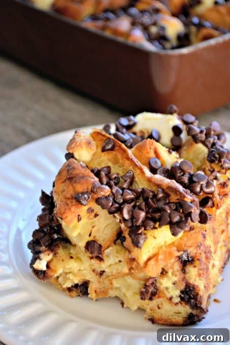 Decadent Chocolate Croissant Baked French Toast, an overnight breakfast casserole featuring chocolate, croissants, and cream cheese soaked in a sweet egg mixture.