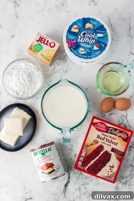 Ingredients laid out for making Red Velvet Cherry Dream Bars.