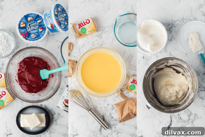 Step-by-step photos for preparing the Red Velvet Cherry Dream Bars crust and pudding.