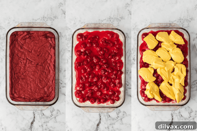 Second set of process photos for assembling Red Velvet Cherry Dream Bars.