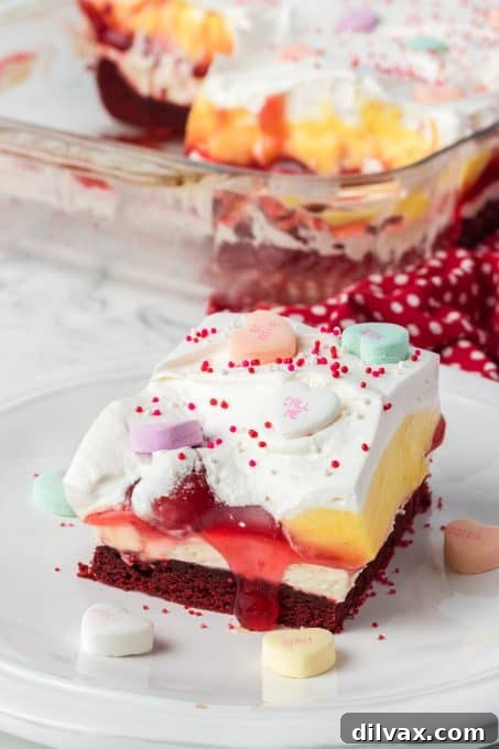 Another appealing shot of Red Velvet Cherry Dream Bars, ready to be served.