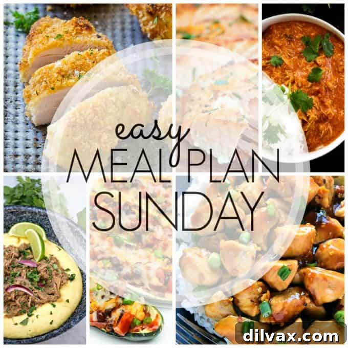Sunday Supper Solutions: Week 83 4 Easy Meal Plan Sunday Week 80 banner featuring a selection of hearty and simple dinner recipes, delightful desserts, and invigorating breakfast ideas, perfect for weekly planning.