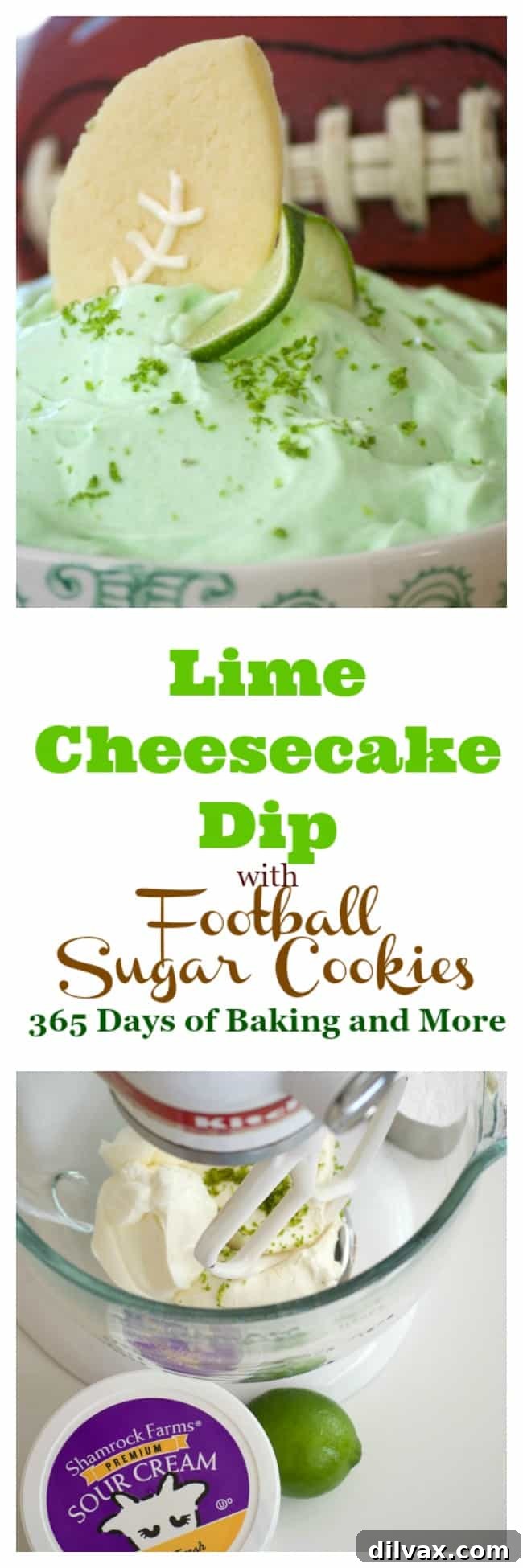 This Lime Cheesecake Dip made with cream cheese, confectioners' sugar, Shamrock Farms sour cream, lime juice and gelatin pairs perfectly with Football Sugar Cookies and some fresh fruit. It's the perfect Game Day treat and you'll be voted MVP!