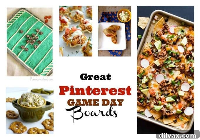 Winning Game Day Pinterest Boards 2 A vibrant spread of Game Day party food, including wings, dips, nachos, and various snacks, perfect for feeding a hungry crowd on Super Bowl Sunday.
