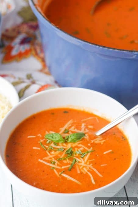 A beautifully presented bowl of creamy tomato basil soup with a swirl of cream, garnished with fresh basil, ready for a cozy meal.
