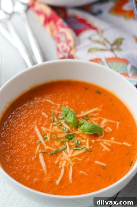 Overhead shot of a bowl of creamy tomato basil soup, perfectly smooth and garnished with a small basil leaf, ready to be enjoyed.