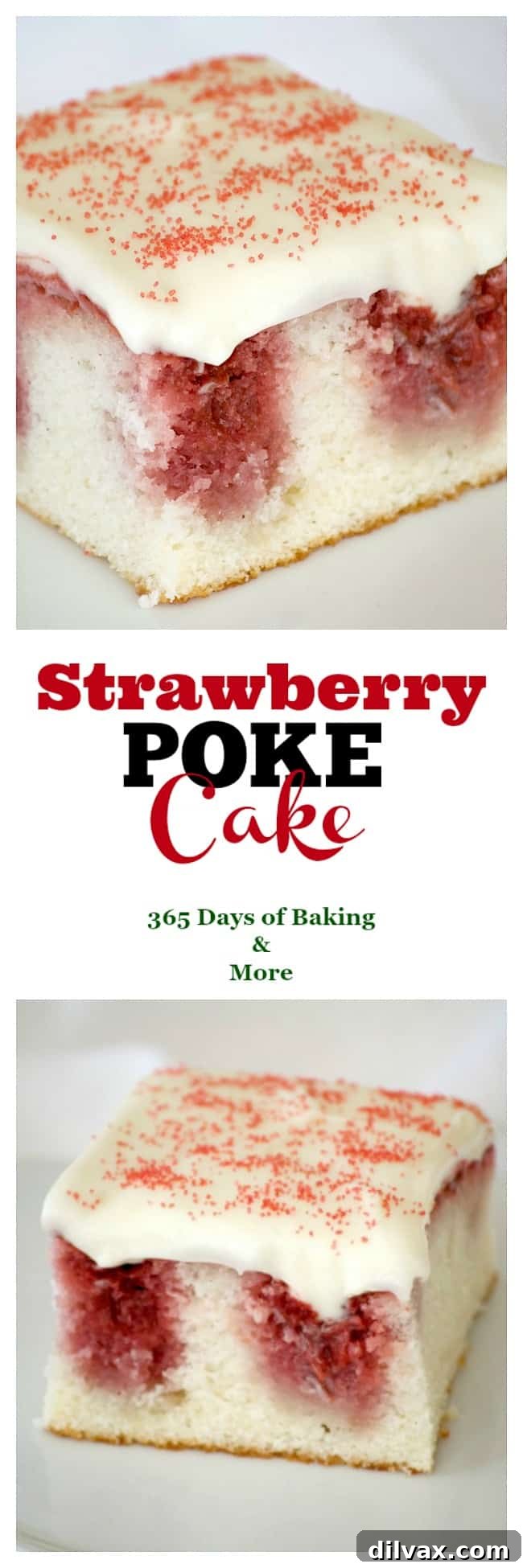 A side view of a decadent Strawberry Poke Cake with visible strawberry filling and smooth cream cheese frosting, highlighting its homemade appeal.