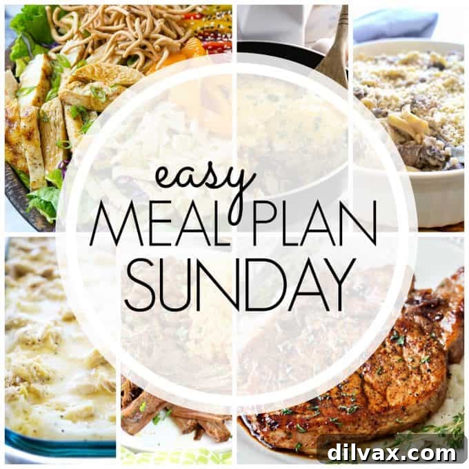 Easy Meal Plan Sunday Week 84: Six dinners, two desserts, a breakfast, and a healthy menu option for simplified weekly meal planning.