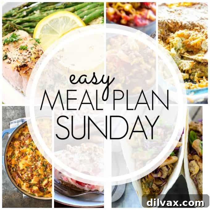 Easy Meal Plan Sunday Week 85 offers six dinners, two desserts, a breakfast, and a healthy menu option to make meal planning a breeze.