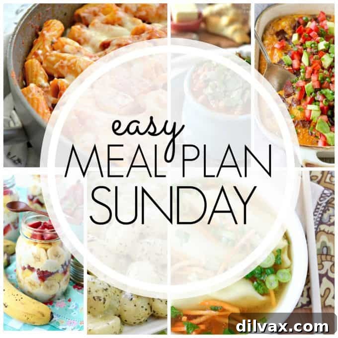Easy Meal Plan Sunday Week 86 provides six dinners, two desserts, a breakfast, and a healthy menu option for efficient weekly meal planning.