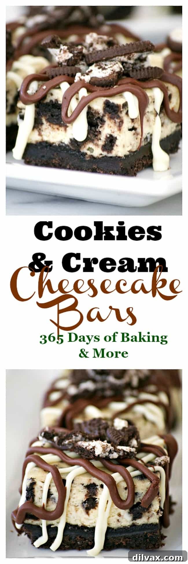 Everyone will love these Cookies and Cream Cheesecake Bars with their Oreo cookie crust, cookies and cream cheesecake layer and drizzled with chocolate.