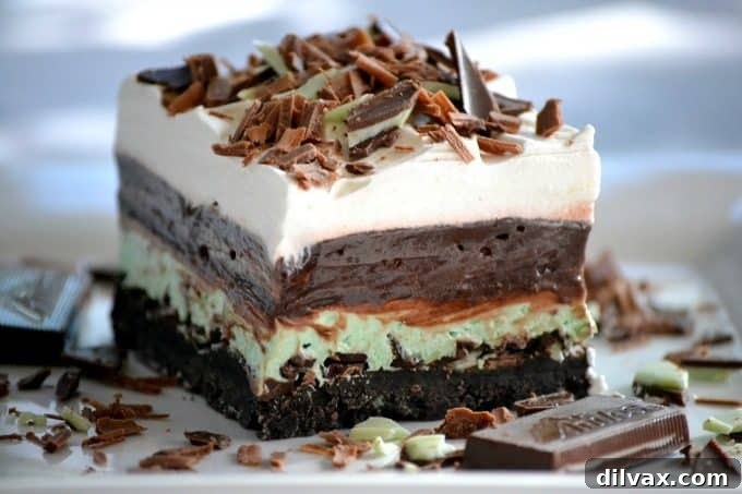 These Chocolate Mint Dream Bars are the perfect No-Bake dessert. The cookie crust, chopped Andes Mints, peppermint, pudding and whipped topping will have everyone swooning!