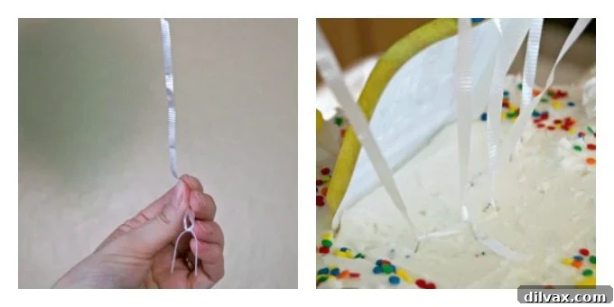 Sunshine Citrus Cake 6 Delicate floral wire securing colorful helium balloons to the top of the ombre Citrus Layer Cake, creating a whimsical and eye-catching birthday display.