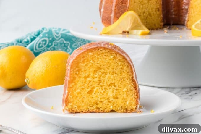 Gigi's Effortless Lemon Cake 2 A slice of vibrant Easy Lemon Cake adorned with fresh lemon slices, resting on a white plate, exuding freshness and flavor.