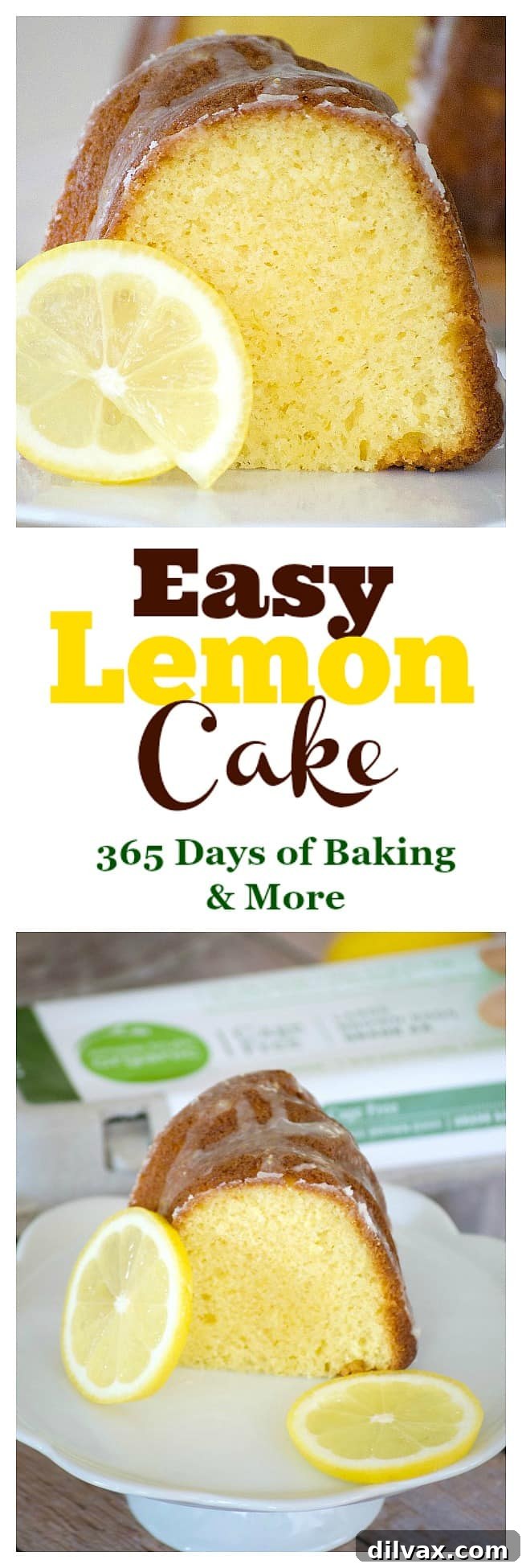 This Easy Lemon Cake is made with a cake mix, lemon gelatin, and Kroger Simple Truth Eggs. A special dessert served at Easter, Mother's Day or year round. A beautifully presented Easy Lemon Cake, ready to be sliced, highlighting its golden crust and moist interior, ideal for any gathering.
