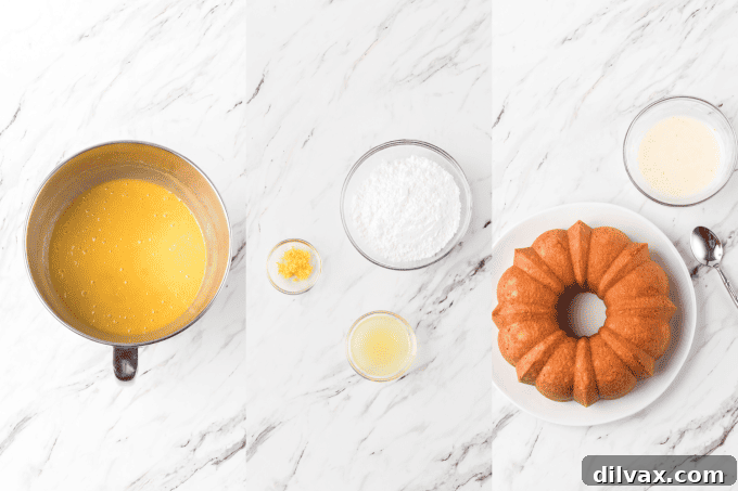 Gigi's Effortless Lemon Cake 7 A visual step-by-step guide for baking Easy Lemon Cake, showing ingredients in a bowl, mixing, pouring batter into a bundt pan, and the finished unglazed cake.