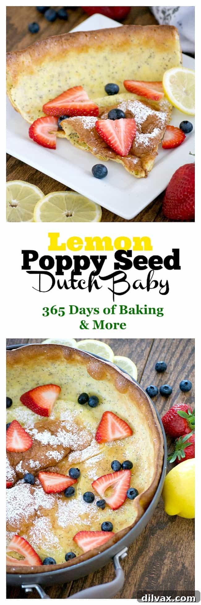 A close-up of the delightful Lemon Poppy Seed Dutch Baby, showcasing its fluffy texture and golden-brown edges.