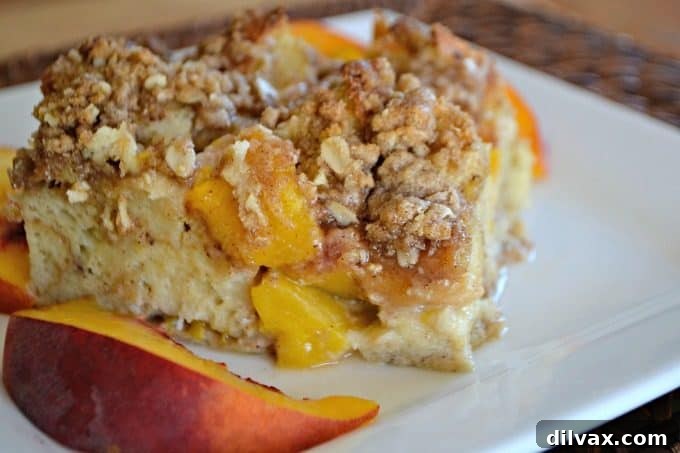 This Peaches and Cream Baked French Toast is a perfect seasonal breakfast, made with peaches, cream cheese, French bread, and an egg mixture for a beloved favorite.