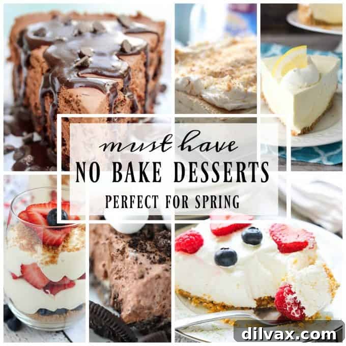 Delicious no-bake desserts for spring and warmer weather, featuring cheesecakes, pies, and fruity treats.