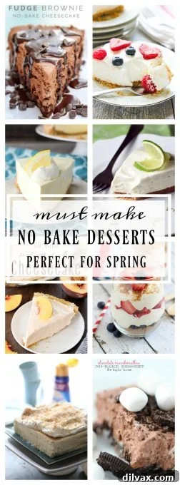 A selection of no-bake desserts including individual servings and a vibrant spring-themed treat, highlighting the ease and beauty of these recipes.