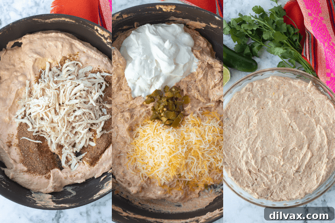 Loaded Chicken Taco Dip 5 Step-by-step process of mixing ingredients for chicken taco dip.