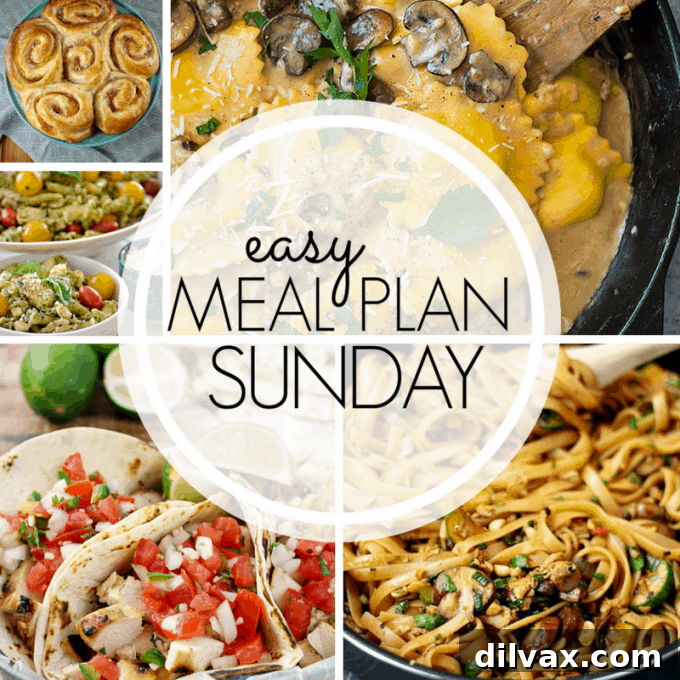 Easy Meal Plan Sunday Week 97 features six dinners, two desserts, a healthy option, and a breakfast recipe to make meal planning quick and enjoyable.