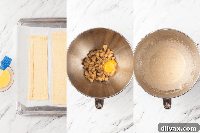 Step-by-step photos for preparing the puff pastry and egg wash for Pear Danish