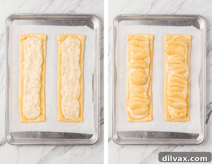 Second set of process photos for baking and drizzling Pear Danish.