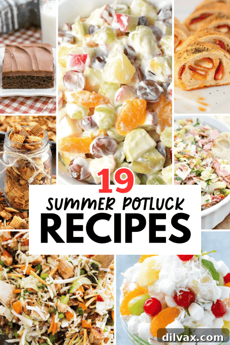 An inviting overhead shot of various summer dishes, perfect for a potluck table, featuring fresh ingredients and colorful presentation.
