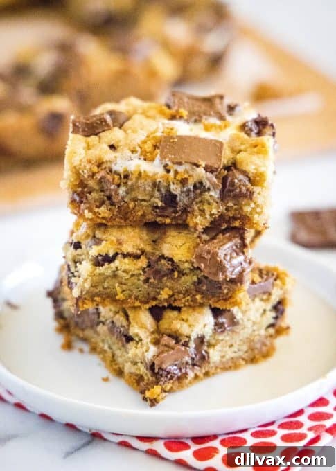 Delicious S'mores Cookie Bars, featuring layers of chocolate, graham crackers, and toasted marshmallows.