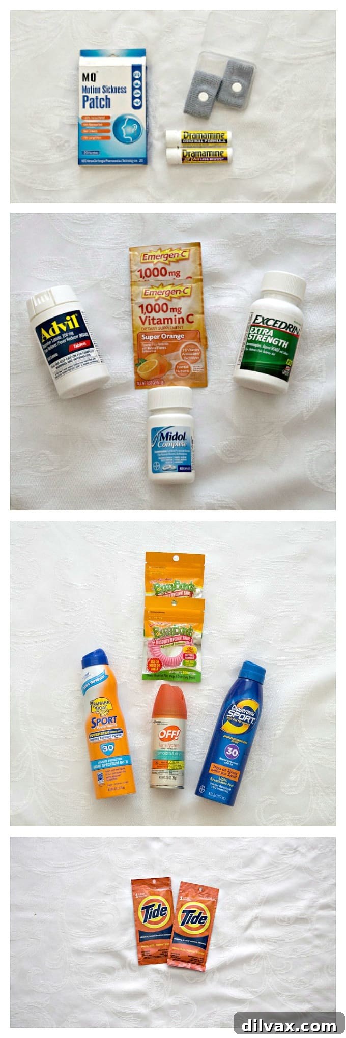 Assortment of travel toiletries and medications for a cruise, including motion sickness remedies, sunscreen, and bug repellent.