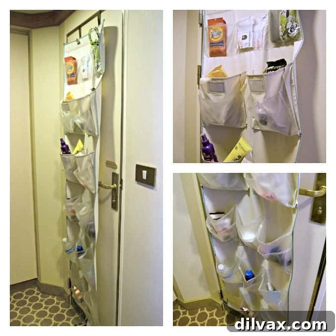 Over-the-door shoe rack used for organizing toiletries and cruise essentials in a cabin.