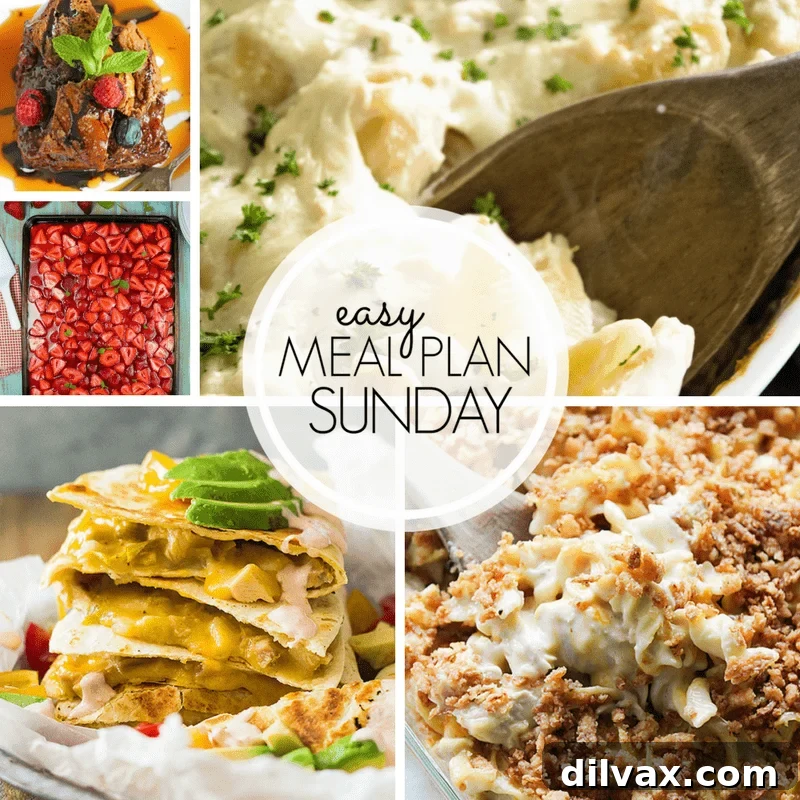 Week 104's Easy Sunday Meal Plan 2 Easy Meal Plan Sunday Week 104 featuring six dinners, two desserts, a breakfast recipe, and a healthy menu option to simplify weekly meal planning.