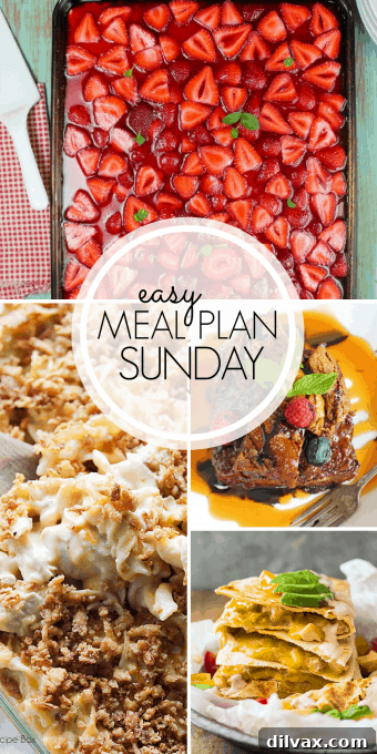Week 104's Easy Sunday Meal Plan 3 Visual overview of the Easy Meal Plan Sunday Week 104, including varied dinner recipes, breakfast ideas, and delightful desserts.