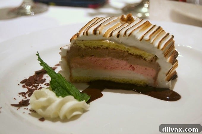 The beautiful and delicious Baked Alaska, presented during the Farewell Dinner on Coral Princess, offers a delightful culinary experience.