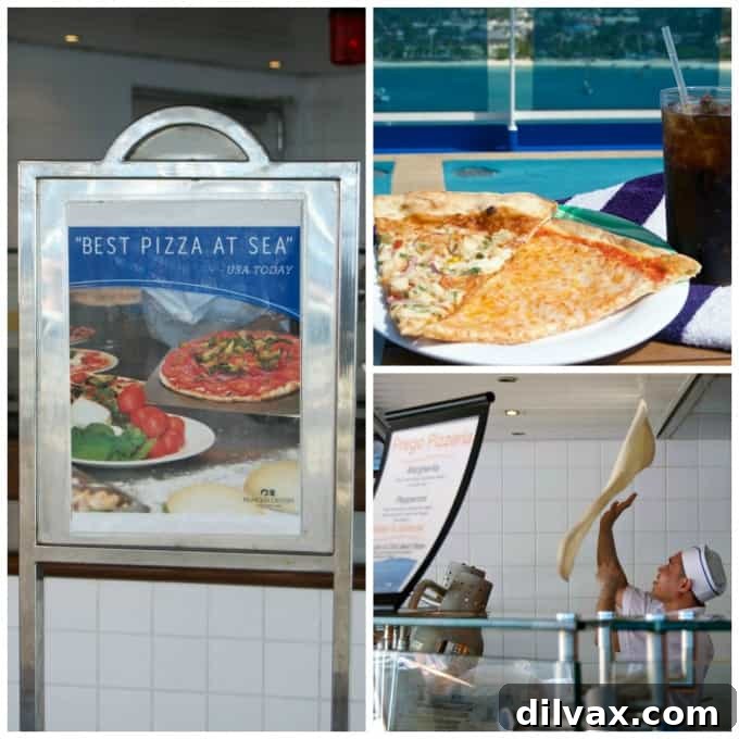 Enjoy 'The Best Pizza at Sea' on Coral Princess, featuring freshly hand-tossed pizzas with various toppings to satisfy any craving.