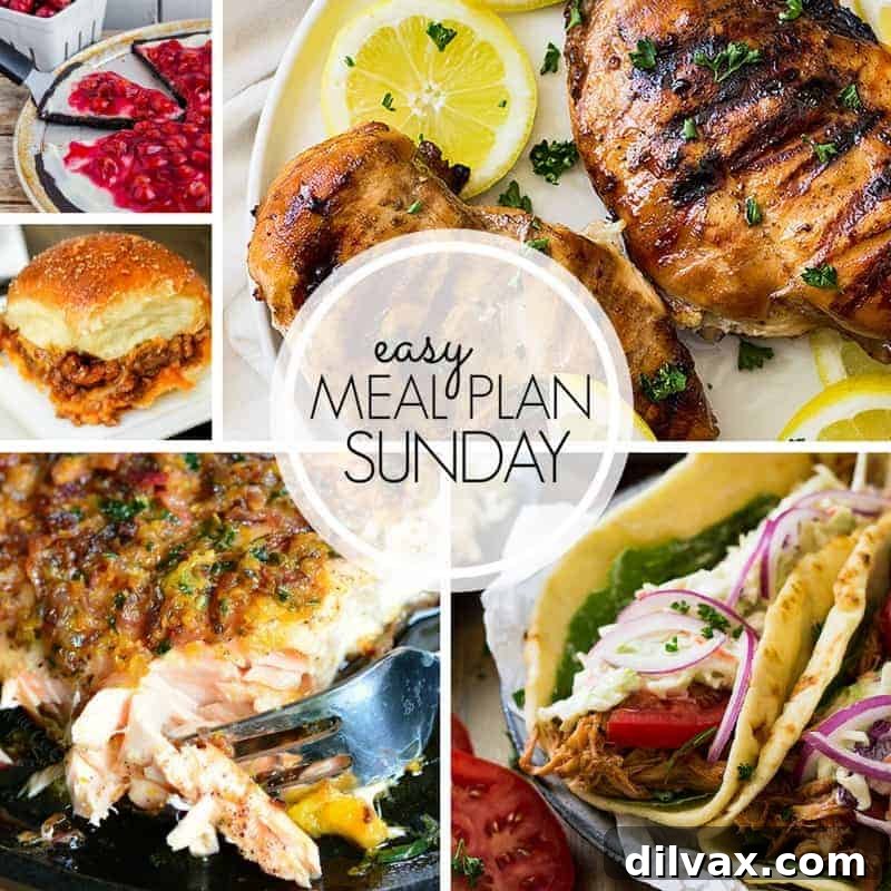Easy Meal Plan Sunday Week 105 offers six dinners, two desserts, a breakfast recipe, and a healthy option to streamline your weekly meal planning. Enjoy diverse, family-friendly recipes!