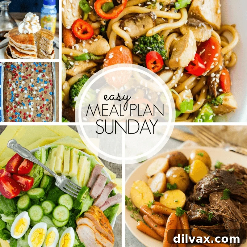 Easy Meal Plan Sunday Week 102 helps simplify meal planning with a selection of six dinners, two desserts, a breakfast, and a healthy option for the week.