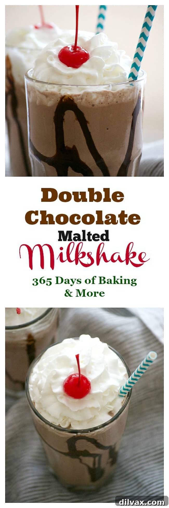 An overhead view of two tall glasses of Double Chocolate Malted Milkshakes, adorned with whipped cream and cherries, set against a bright, inviting background, highlighting their delicious appeal.