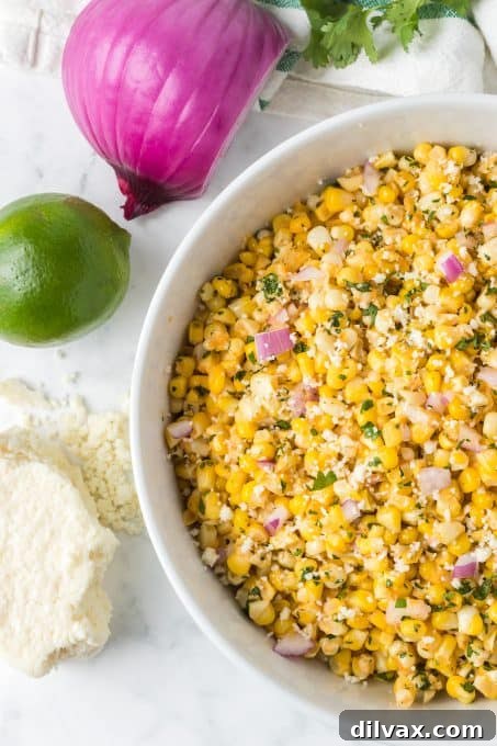 One-Pan Mexican Street Corn 3 A vibrant side dish made with fresh corn, red onion, lime juice, chili powder and Cotija cheese.