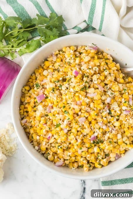 One-Pan Mexican Street Corn 4 Delicious Mexican Street Corn recipe in a serving bowl.